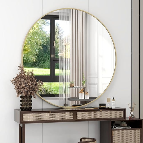 42 Inch Round Bathroom Mirror - Gold Wall Mounted Circle Mirror with Metal Frame, Modern Round Hanging Mirror Suitable for Bathroom, Vanity, Entryway, Living Room