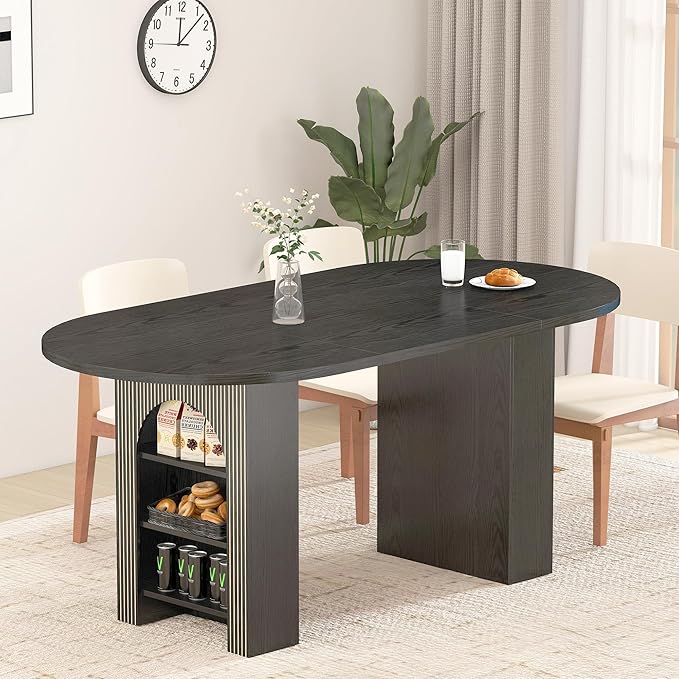 weselon 70.8" Oval Dining Table with Dual Side Storage Shelves, Wooden Table for 4–6 People, Modern Farmhouse Round Dinner Table for Kitchen, Reception, or Living Room (Black, Table Only)