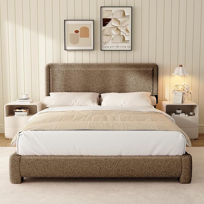 WEUP Queen Size Boucle Bed Frame, Upholstered Cloud Bed Frame with Adjustable Headboard, Soft Rounded Corners, No Box Spring Required, Easy Assembly, Coffee