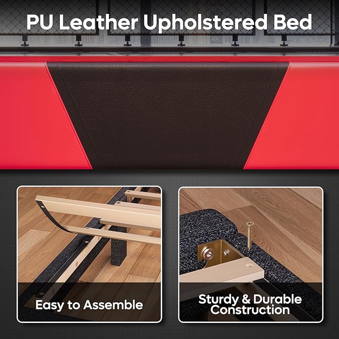 Bestier Gaming Bed Frame Queen Size Black & Red with RGB LED Lights Adjustable PU Leather Headboard Storage Shelf with USB Ports Sturdy PB Construction No Box Spring Needed Modern Industrial Design