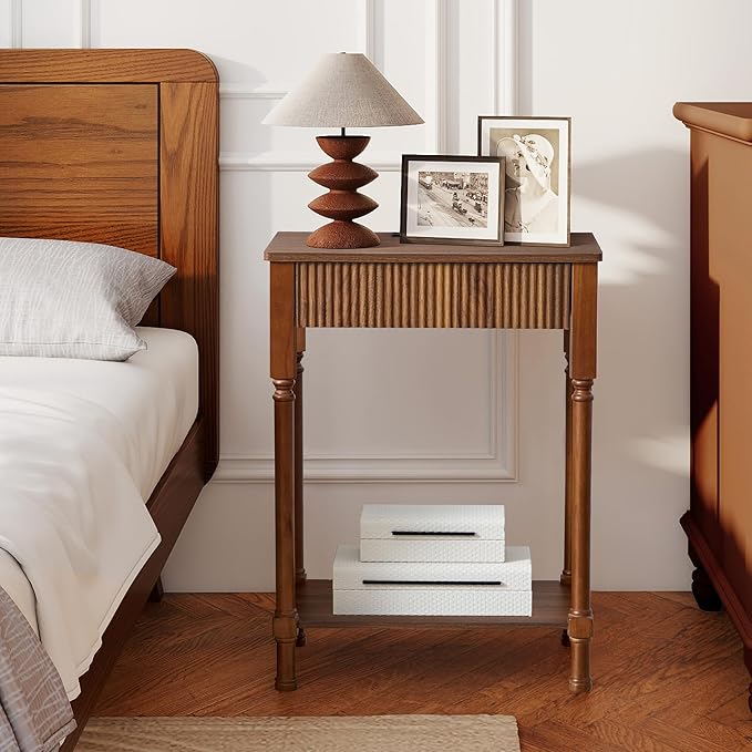 Night Stand Set of 2,Fluted Nightstand with Charging Station, 23.6” Large Bed Side Table End Table with Drawer,Modern Mid Century Wooden Night Stands Bedside for Bedroom Living Room Sofa Office,Walnut