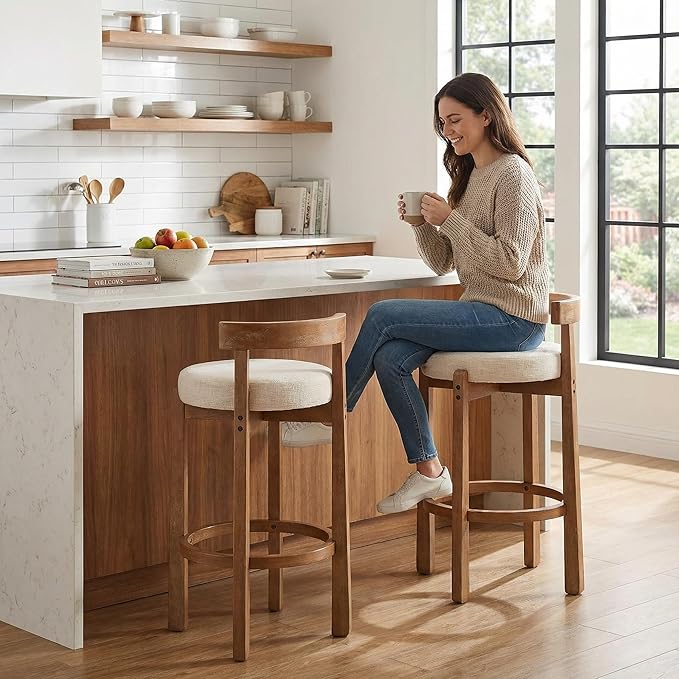 LukeAlon Mid Century Linen Bar Stools Set of 2, 30.25" Seat Height Upholstered Barstools with Wood Legs Modern Tall Bar Chair with Curved Low Back Round Footrest for Pub Home Kitchen Island, Beige