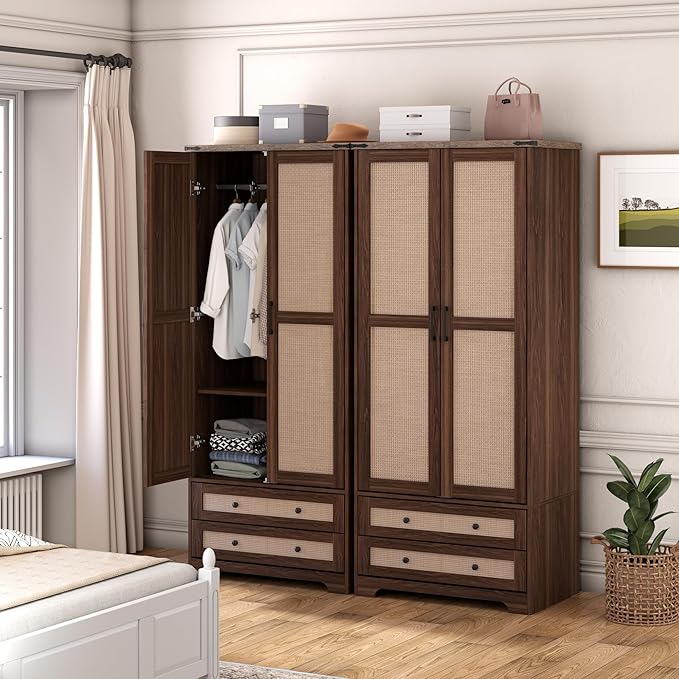 Brafab Armoire Wardrobe Closet with 2 Rattan Doors, 71" Farmhouse Tall Freestanding Coat Closet Wardrobe Cabinet with Drawers and Hanging Rail, Wooden Armoire Storage Cabinet with Shelf for Bedroom
