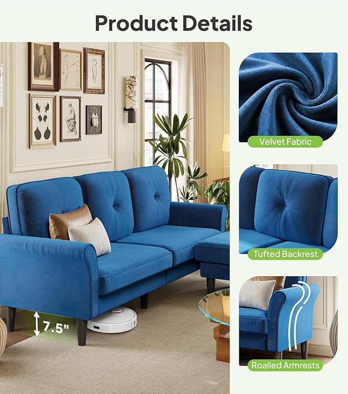 Welzona Sofas for Living Room, 83" Velvet Sectional Couch with Moveable Ottoman, Midcentury Modern Small Sectional Couch, L Shape Sofa & 2 Seater, Couches for Living Room, Apartment, Bedroom