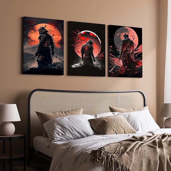 3 Piece Framed Canvas Wall Art, Modern Samurai Warrior Japanese Style Canvas Wall Decor with Red Moon, Set of 3 Wall Art for Living Room Bedroom Office Gaming Room, 12x16 Inch