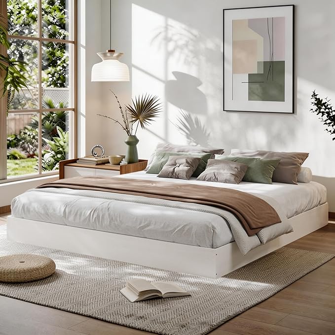 Garvee California King Size Wood Platform Bed Frame, Floor-Standing No-Gap Design, Modern Minimalist No Headboard Bed Frame, Wood Slat Support, No Box Spring Needed, Easy Assembly, White