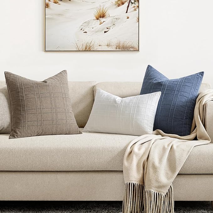 MIULEE Decorative Linen Check Euro Shams Throw Pillow Covers Neutral Farmhouse Vintage Pillow Covers 28x28 Set of 2 Boho Modern Home Decor for Sofa Couch Bedroom Cushion Cream White