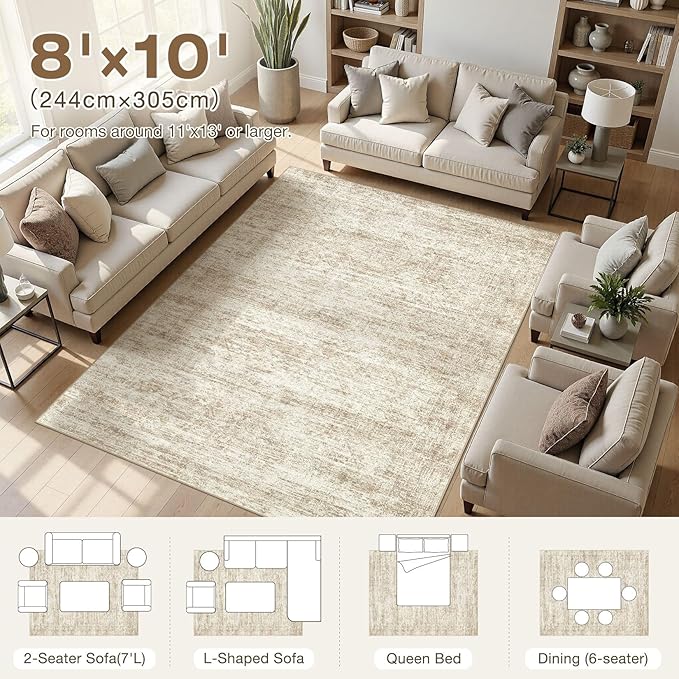 cotiled Large Area Rugs for Living Room 8x10, Machine Washable Rugs with Non Slip Backing Modern Neutral Abstract Rugs Stain Resistant Distressed Carpets for Home Office Decor (8x10 Beige/Brown)