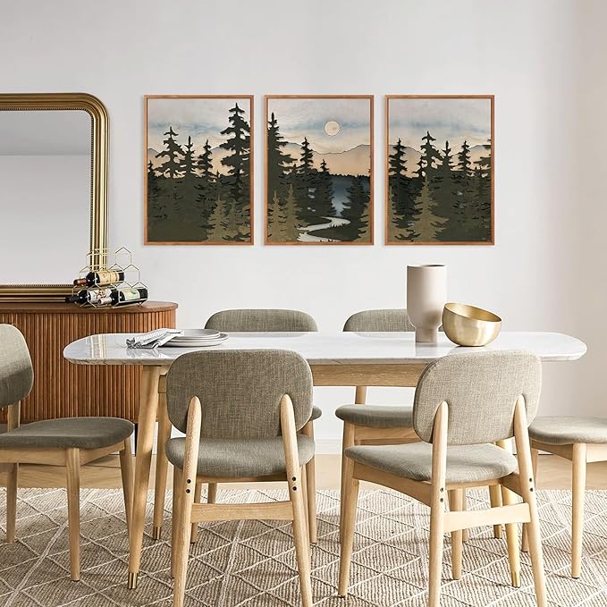 HPNIUB Vintage Mountain Framed Canvas Wall Art Set, Boho Sunrise Art Prints, Forest Nature Wilderness Art Paintings, Abstract Pine Tree Wall Decor for Living Room Bedroom, Office(Set of 3,12X16 Inch)
