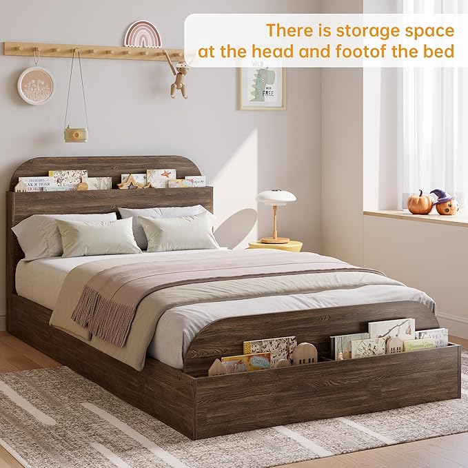 GarveeHome Twin XL Size Bed Frame, Wooden Beds with Storage Headboard and Raised-Foodboard, Twin XL-Floor Low Platform Bed for Bedroom, Sturdy Wooden Slats Support, No Box Spring Needed, Walnut