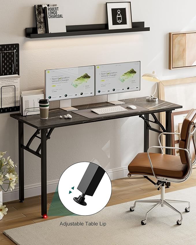 Frylr Small Folding Computer Desk – 55.1 Inch Portable Table for Craft and Study, Lightweight Desk for Small Spaces, Foldable Laptop Table Built-in AC/USB Outlets for Convenience, Marble Greige