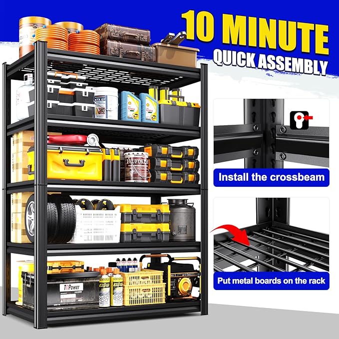 3 Pack 59" W Heavy Duty 5-Tier Garage Shelving Unit,2500 lbs Capacity Adjustable Metal Storage Rack, Boltless Steel Shelves for Garage, Basement, Warehouse, Pantry & Kitchen 72"x59"x20",Black