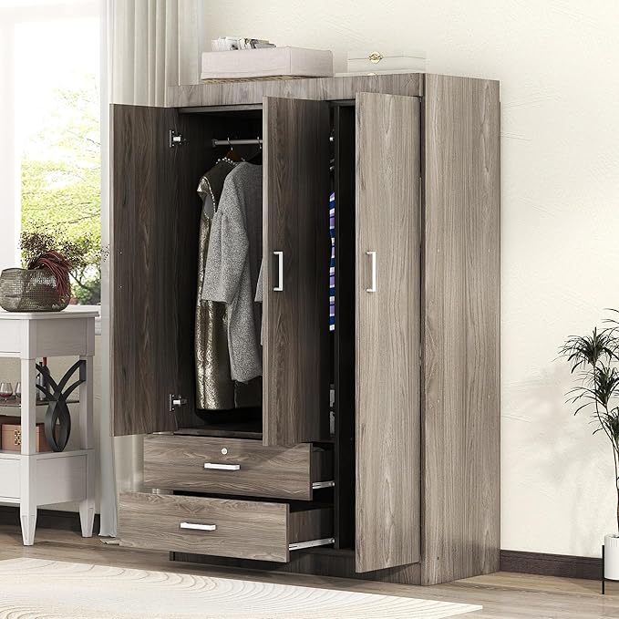 Merax 3 Doors Wardrobe Clothes Organizer with 2 Drawers, 41.3" Small Closet Organizer with Hanging Rail, Wood Storage Closet with 3 Shelves, Gray