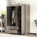 Merax 3 Doors Wardrobe Clothes Organizer with 2 Drawers, 41.3" Small Closet Organizer with Hanging Rail, Wood Storage Closet with 3 Shelves, Gray