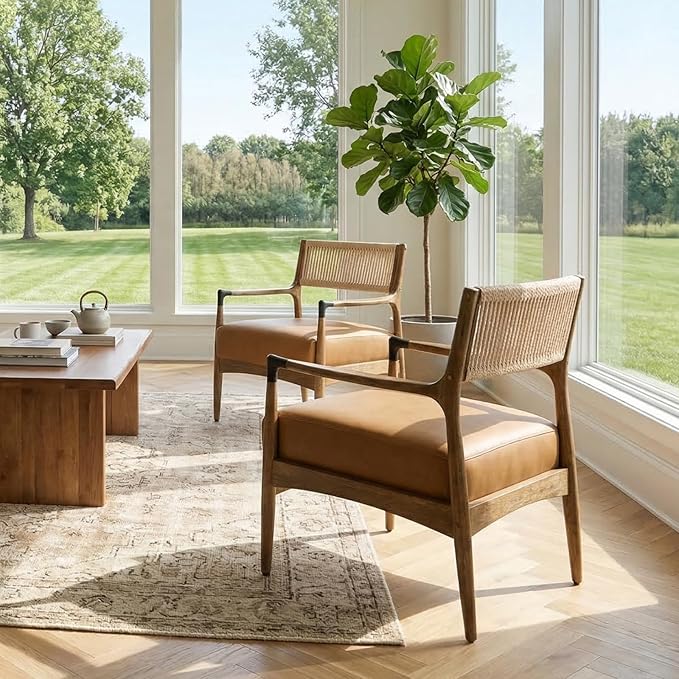Ya-Home Mid-Century Modern Accent Chairs with Woven Rope Back, Upholstered PU Leather Armchairs with Solid Wood Frame for Living Room Bedroom,2PCS, Brown