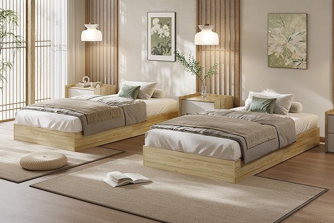 Wood Platform Bed with Sturdy Wooden Slats, Twin Size Floor-Standing Bed Frame, Modern Minimalist Design Space-Saving Bed Frame, No Box Spring Needed, Easy Assembly