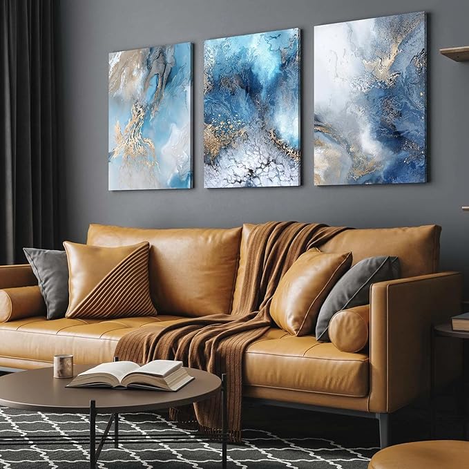 3 Piece Canvas Wall Art, Modern Abstract Blue and Gold Marble Ink Framed Wall Decor for Living Room Bedroom Office, 12x16 Inch, with Hooks and Nails