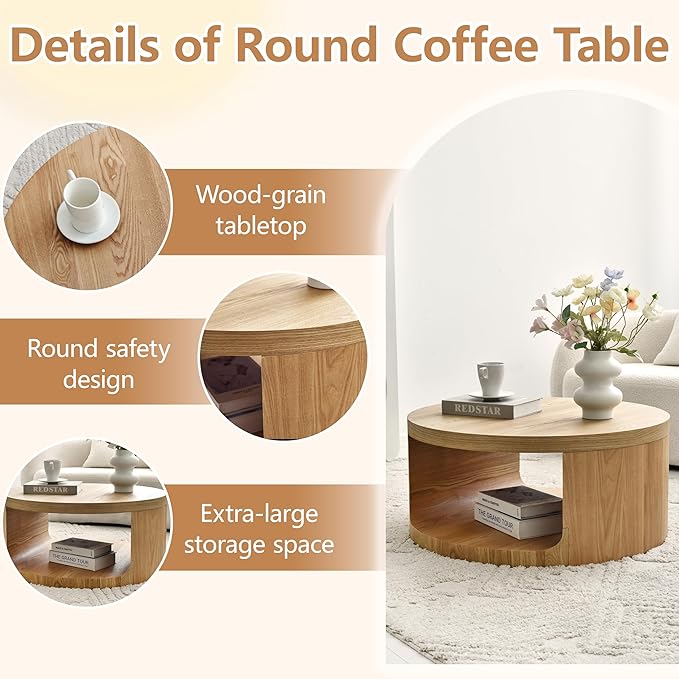 Round Coffee Table with Storage, 31" Modern Living Room Table, 2 Tier Circle Wood Center Tables for Apartment, Living Room, Open-Style Storage Tea Tables, 31"*14.1" (Nature Wood)