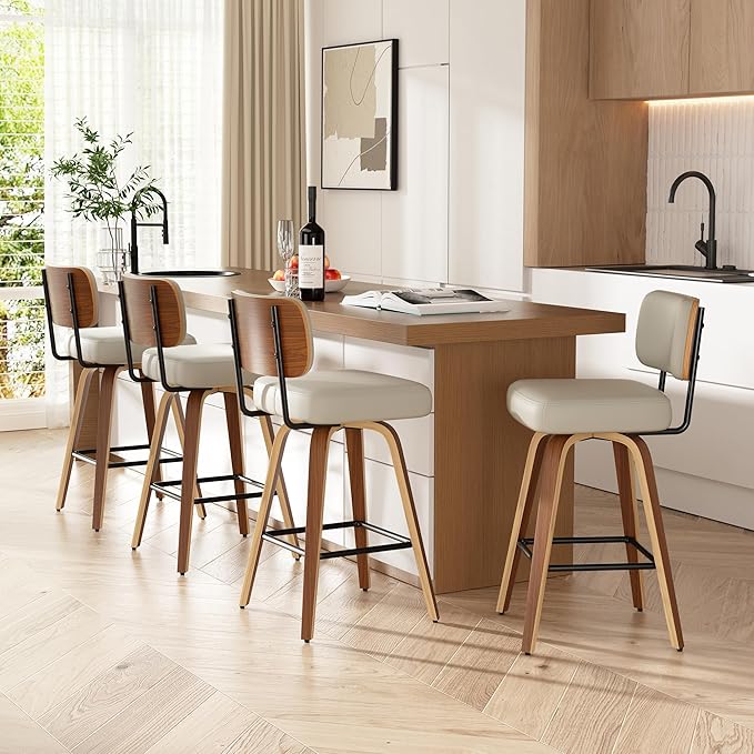 Swivel Bar Stools Set of 6, 26" Upholstered Faux Leather Counter Height Barstools with Walnut Back & Bentwood Legs, Mid Century Modern Bar Chairs Island Stools for Kitchen Counter, Beige Grey