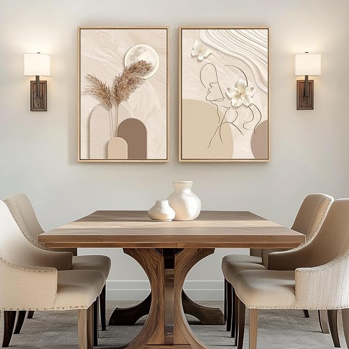Framed Neutral Abstract Wall Art, Set of 2 Tan and Cream Beige Canvas Prints Paintings Artwork for Walls, Woman Silhouette Pictures for Living Room Dining Room Bedroom Office Wall Decor 16x24 Inch