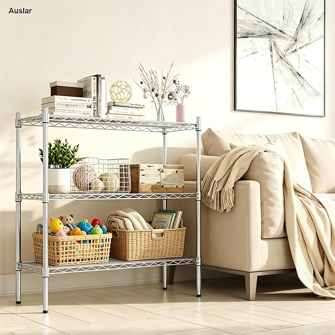 Auslar 3-Shelf Storage Wire Shelves Heavy Duty 3 Tiers Standing Shelving Units Adjustable Metal Organizer Wire Rack, Chrome