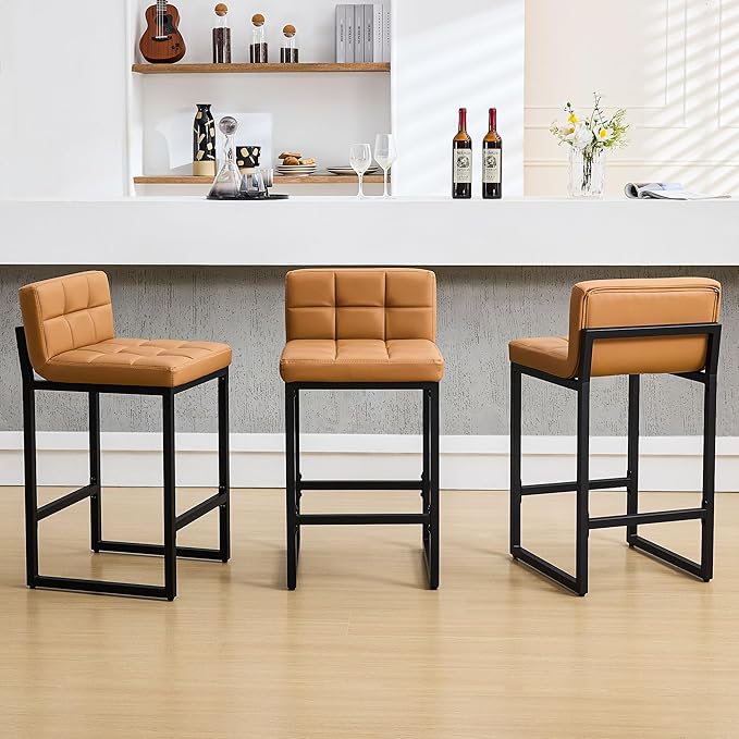 FIRAVOE Bar Stools Set of 3, Upholstered PU Leather Counter Height Barstools with Low Back and Thickened Metal Legs, Modern Island Chairs for Kitchen Island (Caramel Brown, 3Pcs 26" Counter Stools)