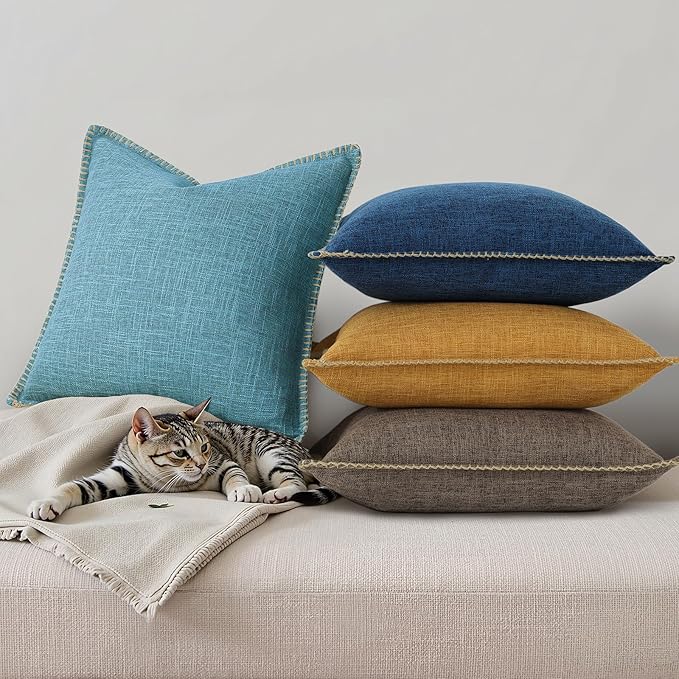 decorUhome Summer Decorative Throw Pillow Covers 26x26 Set of 2 Square Faux Linen Farmhouse Euro Sham Pillow Covers with Stitched Edge Outdoor Pillow Covers for Couch Sofa Living Room, Teal