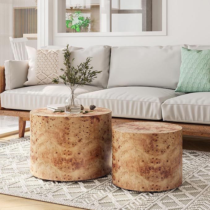 WILLIAMSPACE 18.9" Round Nesting Coffee Table Set of 2, Modern Wooden Coffee Tables Small Circle Center Table for Living Room, Accent End Table Set, No Assembling (Natural Burl)