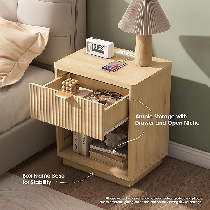 Nasonet Fluted Nightstands Set of 2 with Charging Station, Wooden Bed Side Tables Bedroom Set of 2, Drawers and Open Shelves - Modern End Table for Bedroom, Natural Oak