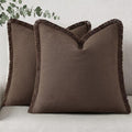 decorUhome Summer Decorative Neutral Linen Fringe Euro Sham Throw Pillow Covers Set of 2 Chocolate Pillow Covers with Tassels Soft Farmhouse Boho Accent Pillow Cases for Couch Bed Sofa 22x22 Inch