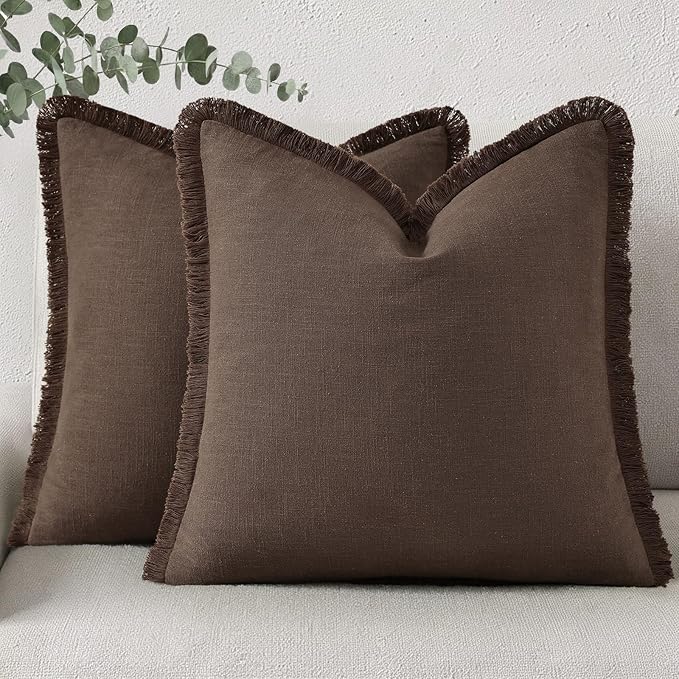 decorUhome Summer Decorative Neutral Linen Fringe Euro Sham Throw Pillow Covers Set of 2 Chocolate Pillow Covers with Tassels Soft Farmhouse Boho Accent Pillow Cases for Couch Bed Sofa 24x24 Inch