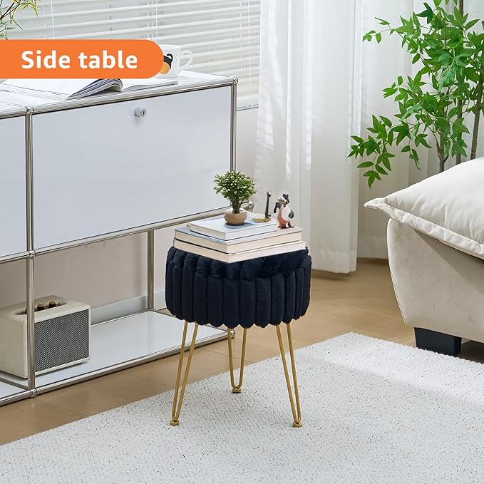 Vanity Stool,Faux Fur Ottoman Foot Stool, Dressing Table Seat with Metal Leg Vanity Chair for Bedroom, Living Room, Entryway, Offices