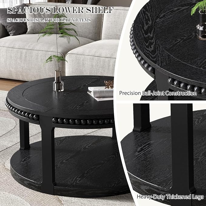 31.5" Round Wood Coffee Table, 2 Tier Modern Center Table,Solid Wood+MDF, Easy Assembly, Accent Table for Living Room, Apartment, Small Space. (Black)