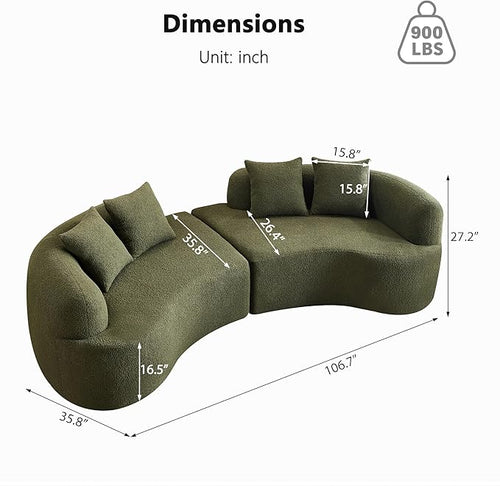 106.7" Modern Curved Oversized Sectional Sofa, Minimalist Modular Cloud Couch with 4 Throw Pillows, Luxury 4-Seater Extra Deep & Wide Seat Sofa in Soft Teddy Fabric, Olive Green