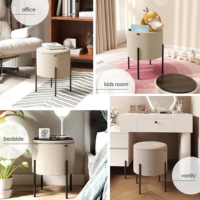 STORAGEBUD Round Ottoman with Storage, Boucle Storage Foot Stool, Makeup Vanity Stool, Small Ottoman Foot Rest, Modern Ottomans for Living Room and Bedroom, Beige