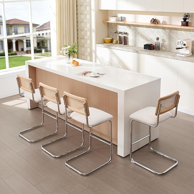 Zesthouse Natural Rattan Counter Stools Set of 4, 26'' Mid Century Modern Counter Height Barstools with Solid Wood Back & Cane Mesh, Upholstered White Boucle Bar Stools for Kitchen Island, Chrome Base