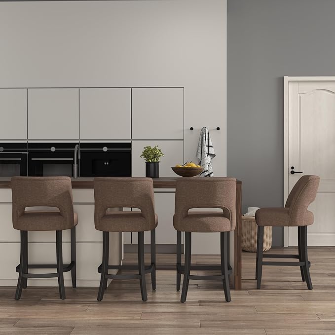 VKNOW Bar Stools Set of 4, 26" Upholstered Counter Height Bar Stools, Modern Counter Stools with Black Legs for Kitchen Island Dining Room Bar, Brown-Black Legs