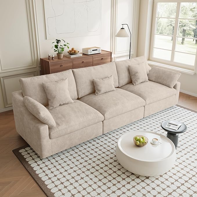Modular Sectional Sofa Cloud Couch, 3 Seat Khaki Modular Couch, Minimalist Deep Wide Seat Sectional Couches for Living Room, Khaki Sofa Covers Washable&Removable