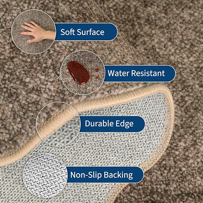 GarveeHome Scalloped Washable Round Rugs, Non-Slip Soft Round Rug 4ft Ultra-Thin, Small Boho Circle Stain Resistant Low Pile Carpet for Entryway Kitchen Bedroom Nursery Bathroom, Brown