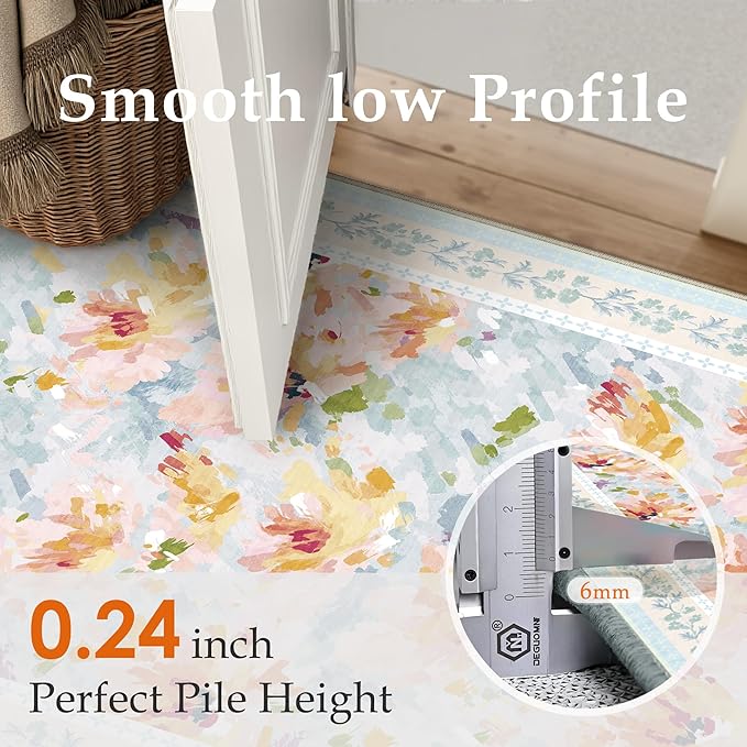 4x6 Washable Area Rug for Entryway Blue Floral Abstract Soft Throw Rug Modern Non Slip Low Pile Carpet for Kitchen Bathroom Living Room Bedroom