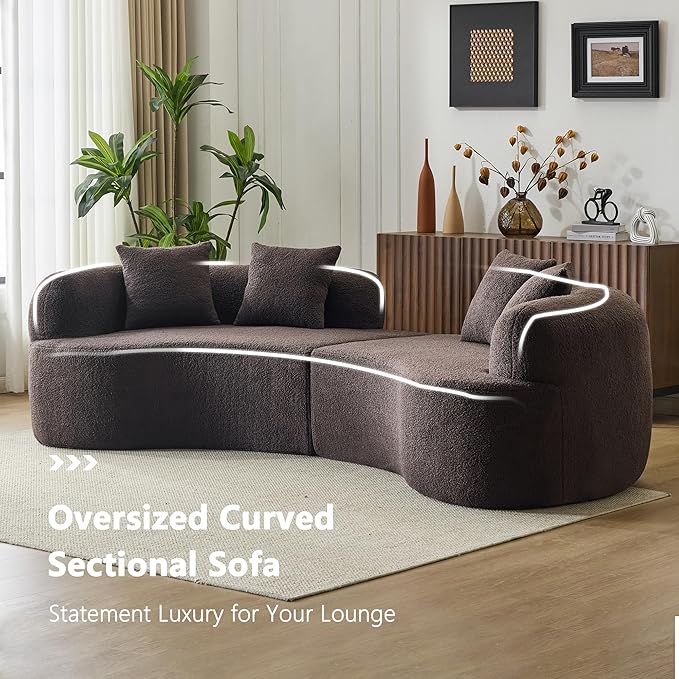 106.7" Modern Curved Oversized Sectional Sofa, Minimalist Modular Cloud Couch with 4 Throw Pillows, Luxury 4-Seater Extra Deep & Wide Seat Sofa in Soft Teddy Fabric, Dark Brown