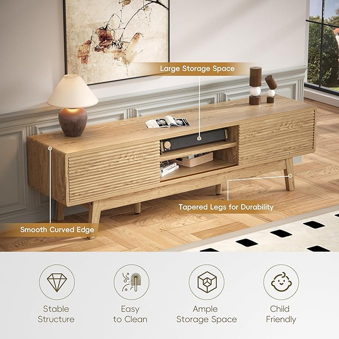 MU 59 Inch TV Stand for TVs up to 65 Inch, Mid Century Modern TV Console with Fluted Sliding Doors & Shelves, Low Profile Entertainment Center for Bedroom, Living Room (Oak, 59")
