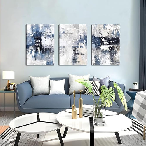 Abstract Blue and White Wall Art Set of 3, Modern Simple Navy Framed Canvas Prints Poster, Gray Painting Picture for Living Room, Bedroom, Office Wall Decor 16x24 Inch