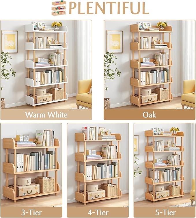 OSCHF 5-Tier Wooden Open Bookcase - Modern Display Bookshelf with Top Edge and Solid Wood Frame for Home and Office, Storage Cabinet, Oak