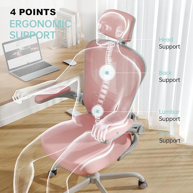 Office Chair Ergonomic Desk Chair, 330LBS Capacity, High Back Computer Design for Long Hours Comfort, Rolling Swivel Executive Task for Home Office with Flip-up Armrests, Grey Pink
