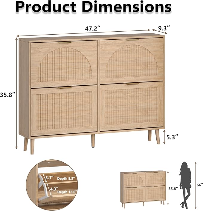 BORNOON Shoe Cabinet for Entryway with 4 Flip Drawers, Slim Wooden Shoe Storage Organizer with Modern Fluted Pannel，Freestanding Narrow Hidden Shoe Rack for Hallway, Foyer, Living Room