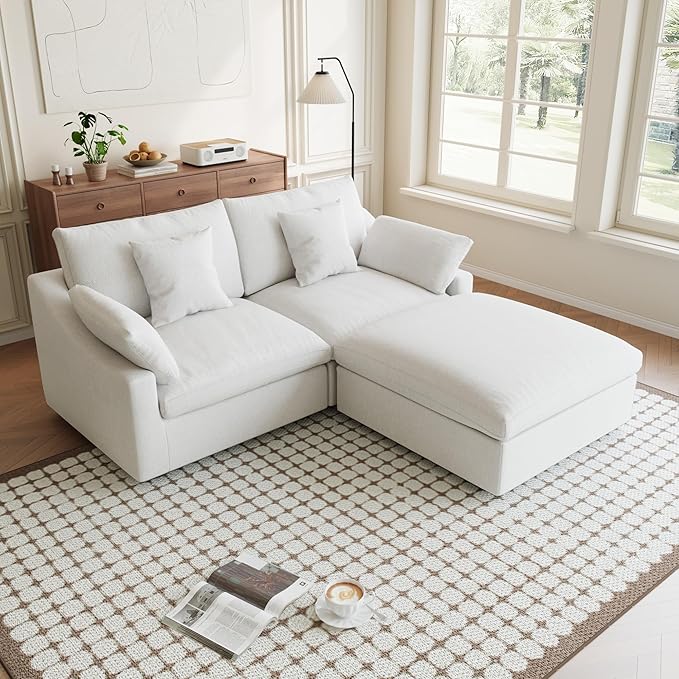Modular Sectional Sofa Cloud Couch, 82.68" Loveseat Sofa with Chaise Ottoman, Linen Blend Fabric Minimalist Deep Seat Couches for Apartment Small Space, Sofa Covers Washable&Removable, White