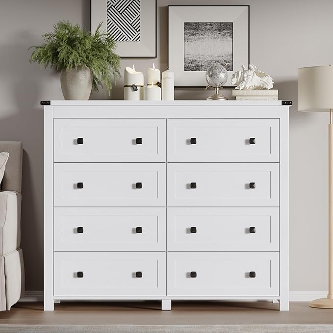 BORNOON Tall 8-Drawer Dresser, Modern Wooden Storage Chest of Drawers, Dresser TV Stand, Wood Drawer Organizer with Metal Handles for Bedroom, Living Room, Hallway