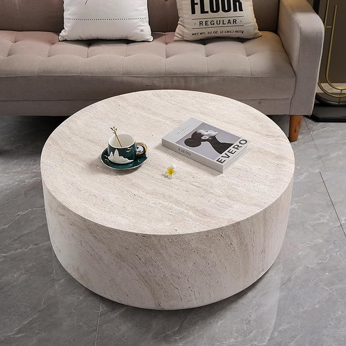 WILLIAMSPACE 31.5" Round Coffee Table in Faux Marble, Modern Circle Faux Stone Center Table Travertine Drum Tea Table for Living Room, Outdoor, Magnesium Oxide, Light Beige