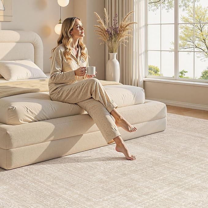 Nakagishi Area Rugs 9x12 Living Room: Washable Large Vintage Beige Rug Neutral Non-Slip Soft Stain Resistant Indoor Carpet for Bedroom Nursery Dining Room Under Table Bed Home House Office Playroom